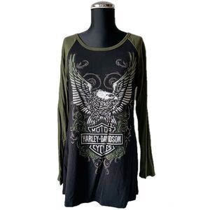 Harley-Davidson Reborn Eagle Scoop Neck Olive/Black Long Sleeve Top - Women's L
